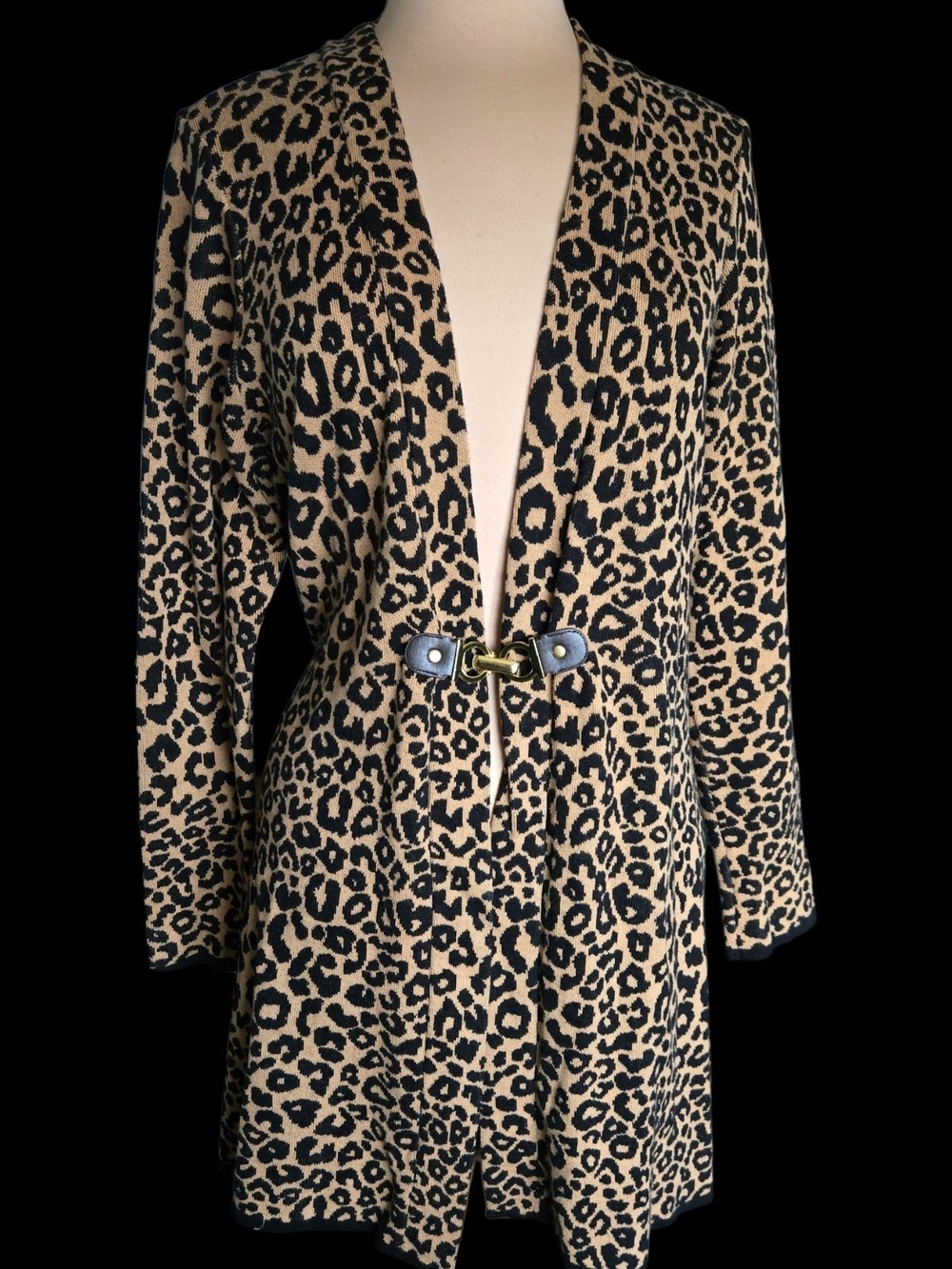 Leopard Print Open-Front Blazer in Tan and Black with Gold Clasp Sz Xl